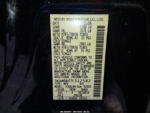 45268291 :رقم المزاد ، 5N1AN08U77C512582 vin ، 2007 Nissan Xterra S مزاد بيع