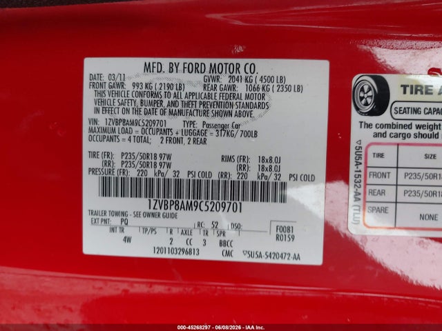 Aukcja sprzedaży 2012 Ford Mustang V6 Premium, vin: 1ZVBP8AM9C5209701, numer aukcji: 45268297