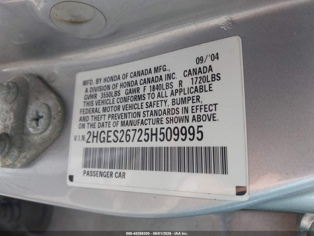 45268300 :رقم المزاد ، 2HGES26725H509995 vin ، 2005 Honda Civic Ex مزاد بيع