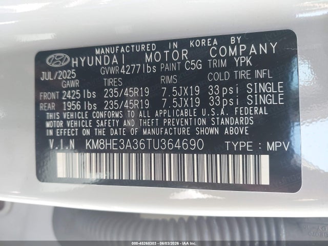 Продаж на аукціоні авто 2026 Hyundai Kona Limited, vin: KM8HE3A36TU364690, номер лоту: 45268303