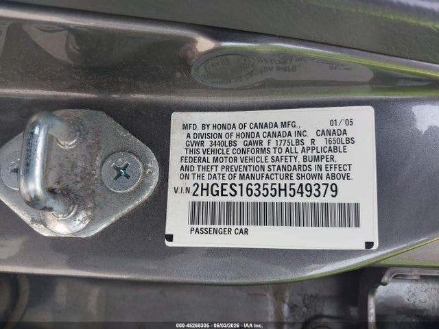 Продаж на аукціоні авто 2005 Honda Civic Vp, vin: 2HGES16355H549379, номер лоту: 45268305