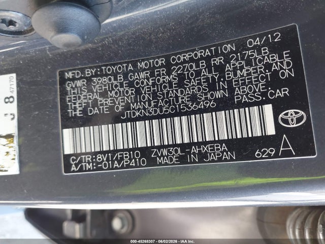 Aukcja sprzedaży 2012 Toyota Prius Two, vin: JTDKN3DU5C1536496, numer aukcji: 45268307