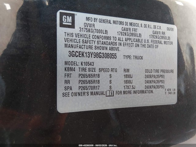 Продаж на аукціоні авто 2008 Chevrolet Silverado 1500 Ltz, vin: 3GCEK13Y98G308055, номер лоту: 45268309
