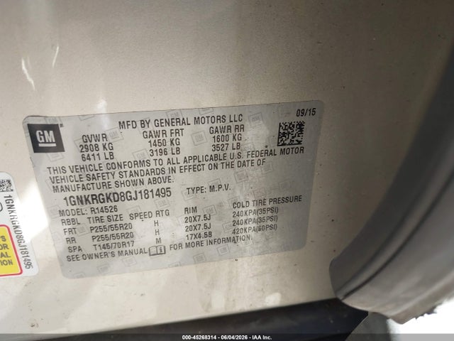 45268314 :رقم المزاد ، 1GNKRGKD8GJ181495 vin ، 2016 Chevrolet Traverse 1lt مزاد بيع