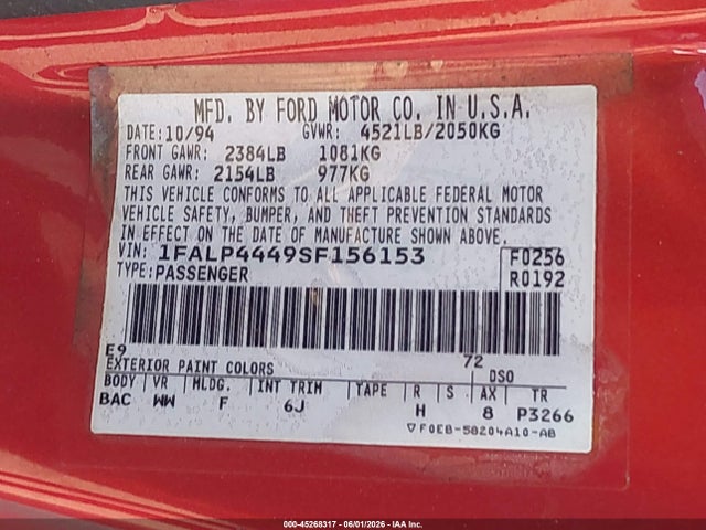 Продаж на аукціоні авто 1995 Ford Mustang, vin: 1FALP4449SF156153, номер лоту: 45268317