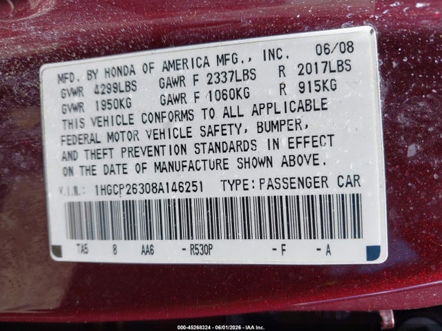 Продажа на аукционе авто 2008 Honda Accord 2.4 Lx, vin: 1HGCP26308A146251, номер лота: 45268324