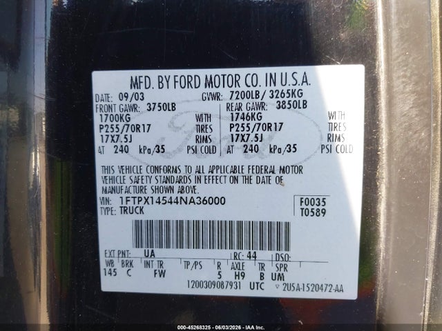 Продажа на аукционе авто 2004 Ford F-150 Fx4/lariat/xl/xlt, vin: 1FTPX14544NA36000, номер лота: 45268325