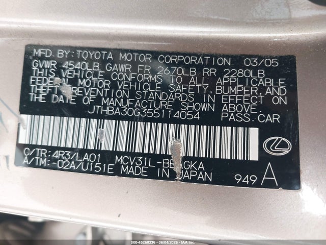 Aukcja sprzedaży 2005 Lexus Es 330, vin: JTHBA30G355114054, numer aukcji: 45268336