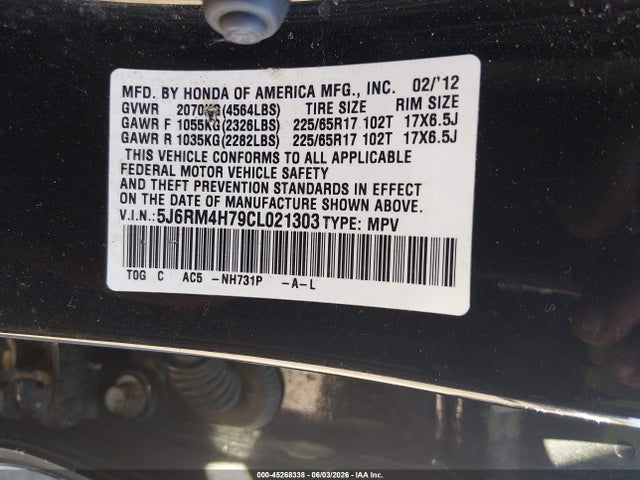 Продаж на аукціоні авто 2012 Honda Cr-v Ex-l, vin: 5J6RM4H79CL021303, номер лоту: 45268338