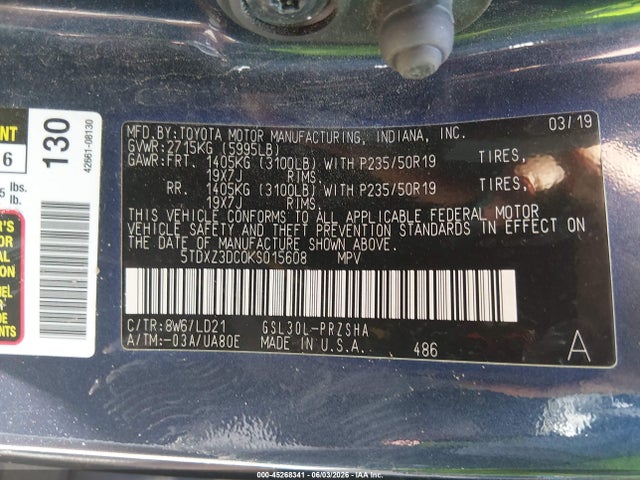 Aukcja sprzedaży 2019 Toyota Sienna Se 8 Passenger, vin: 5TDXZ3DC0KS015608, numer aukcji: 45268341