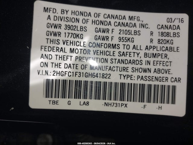 2HGFC1F31GH641822 Honda Civic Ex-t