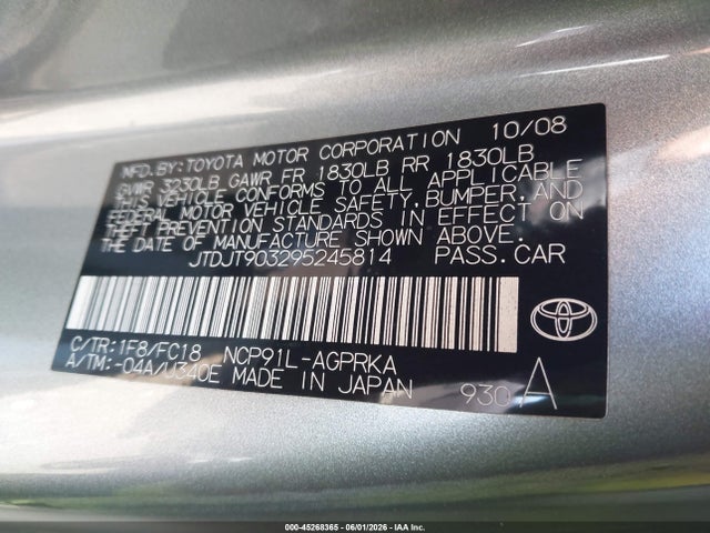 Aukcja sprzedaży 2009 Toyota Yaris, vin: JTDJT903295245814, numer aukcji: 45268365