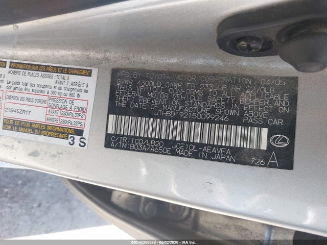 Aukcja sprzedaży 2005 Lexus Is 300, vin: JTHBD192150099246, numer aukcji: 45268368