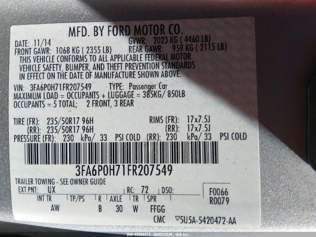 Продажа на аукционе авто 2015 Ford Fusion Se, vin: 3FA6P0H71FR207549, номер лота: 45268373