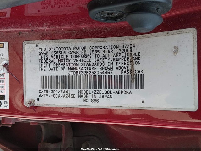 Продаж на аукціоні авто 2005 Toyota Corolla Ce, vin: JTDBR32E252054467, номер лоту: 45268381