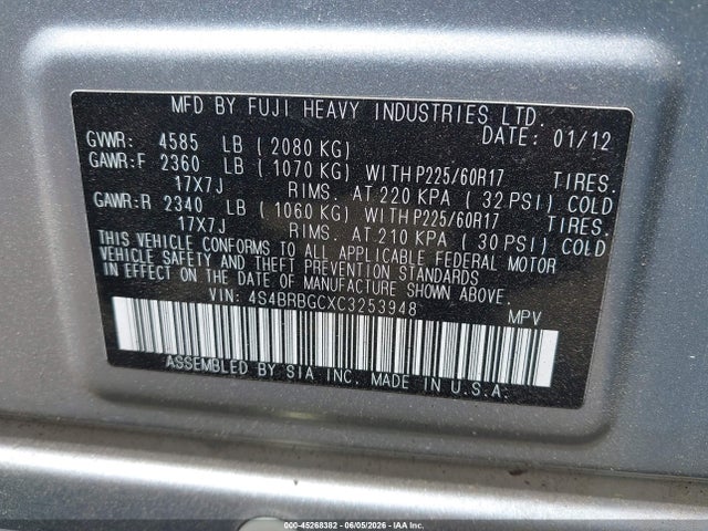 2012 Subaru Outback 2.5i Premium მანქანა იყიდება აუქციონზე, vin: 4S4BRBGCXC3253948, აუქციონის ნომერი: 45268382