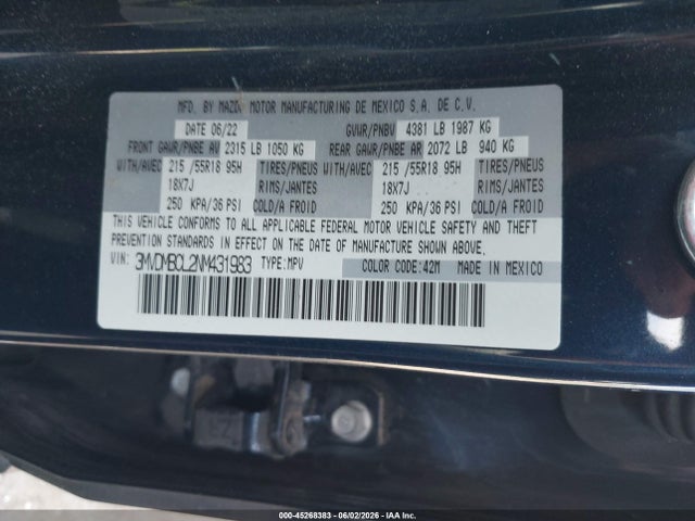 45268383 :رقم المزاد ، 3MVDMBCL2NM431983 vin ، 2022 Mazda Cx-30 Preferred مزاد بيع
