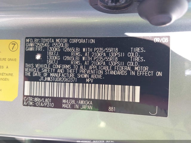 45268387 :رقم المزاد ، JTJHW31U082062371 vin ، 2008 Lexus Rx 400h مزاد بيع