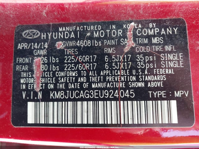 Продаж на аукціоні авто 2014 Hyundai Tucson Se, vin: KM8JUCAG3EU924045, номер лоту: 45268404