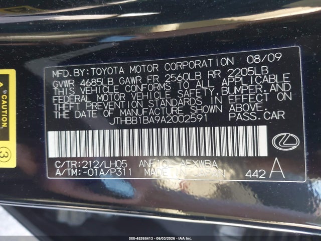 Aukcja sprzedaży 2010 Lexus Hs 250h Premium, vin: JTHBB1BA9A2002591, numer aukcji: 45268413
