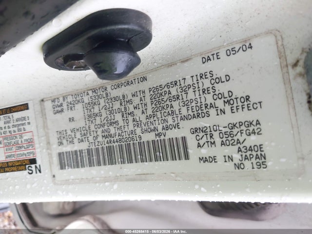 Aukcja sprzedaży 2004 Toyota 4runner Sr5 V6, vin: JTEZU14R448020619, numer aukcji: 45268415