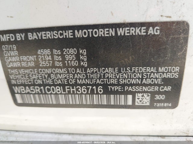 2020 Bmw 330i მანქანა იყიდება აუქციონზე, vin: WBA5R1C08LFH36716, აუქციონის ნომერი: 45268417