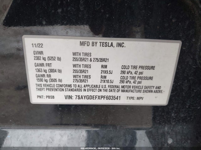 2023 Tesla Model Y Performance Dual Motor All-wheel Drive მანქანა იყიდება აუქციონზე, vin: 7SAYGDEFXPF603541, აუქციონის ნომერი: 45268436