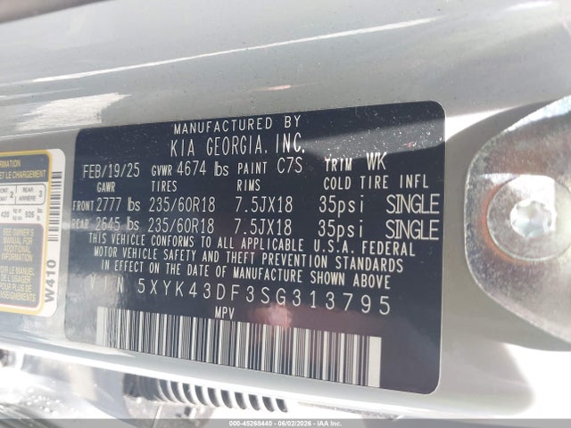 Aukcja sprzedaży 2025 Kia Sportage Sx, vin: 5XYK43DF3SG313795, numer aukcji: 45268440