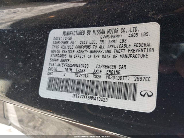 45268450 :رقم المزاد ، JN1EV7KK5MM410423 vin ، 2021 Infiniti Q60 Luxe مزاد بيع
