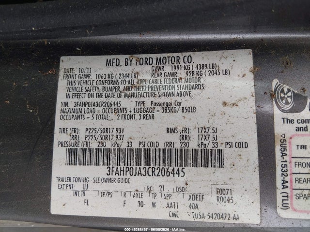 Aukcja sprzedaży 2012 Ford Fusion Sel, vin: 3FAHP0JA3CR206445, numer aukcji: 45268457