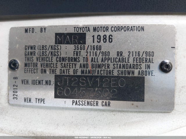 Продаж на аукціоні авто 1986 Toyota Camry Dlx, vin: JT2SV12E0G0457502, номер лоту: 45268461