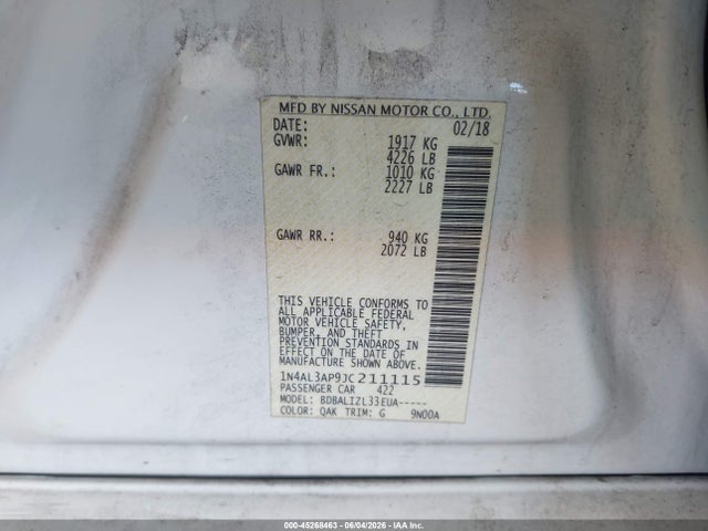 1N4AL3AP9JC211115 Nissan Altima 2.5 Sv