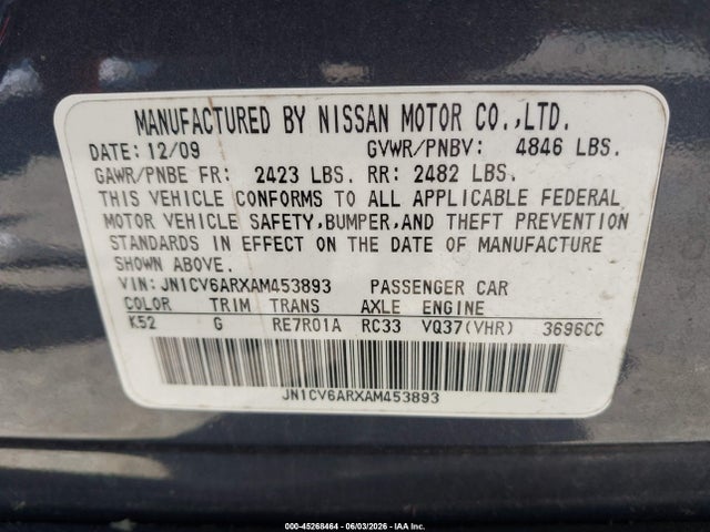 Aukcja sprzedaży 2010 Infiniti G37x, vin: JN1CV6ARXAM453893, numer aukcji: 45268464