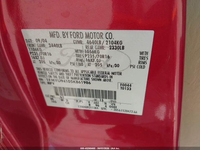 45268465 :رقم المزاد ، 1FMYU94105KB61986 vin ، 2005 Ford Escape Limited مزاد بيع