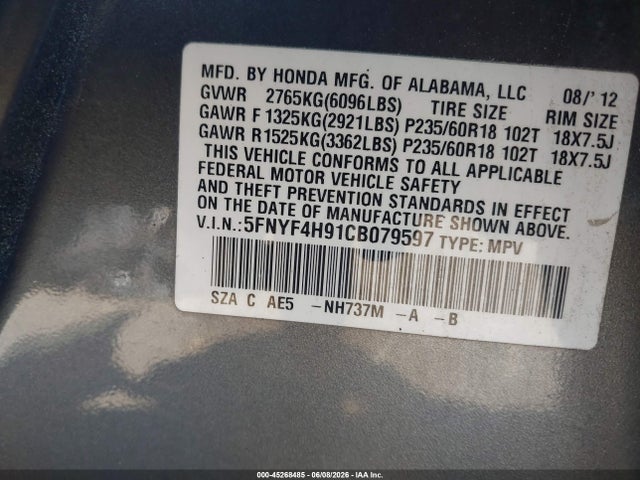 Продажа на аукционе авто 2012 Honda Pilot Touring, vin: 5FNYF4H91CB079597, номер лота: 45268485