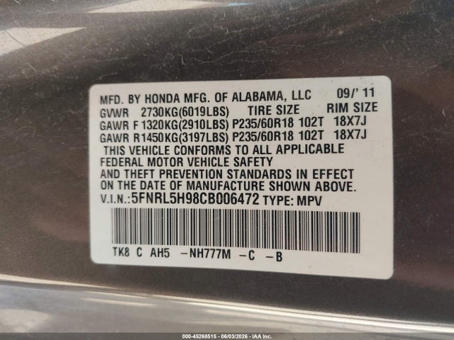 Aukcja sprzedaży 2012 Honda Odyssey Touring/touring Elite, vin: 5FNRL5H98CB006472, numer aukcji: 45268515