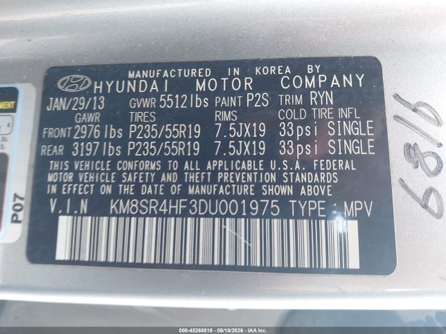 2013 Hyundai Santa Fe Limited მანქანა იყიდება აუქციონზე, vin: KM8SR4HF3DU001975, აუქციონის ნომერი: 45268516