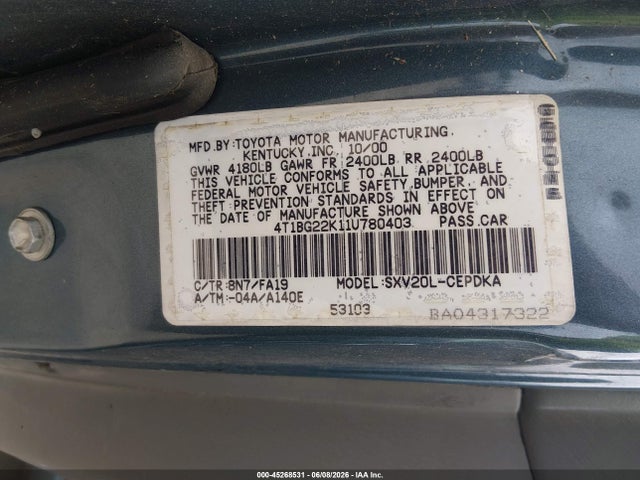 Продаж на аукціоні авто 2001 Toyota Camry Ce, vin: 4T1BG22K11U780403, номер лоту: 45268531