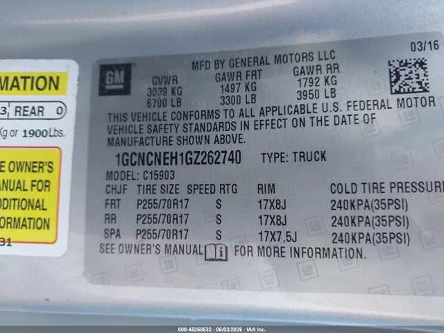 2016 Chevrolet Silverado 1500 Wt მანქანა იყიდება აუქციონზე, vin: 1GCNCNEH1GZ262740, აუქციონის ნომერი: 45268532