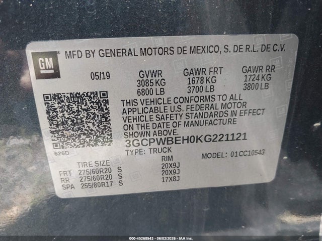 2019 Chevrolet Silverado 1500 Custom მანქანა იყიდება აუქციონზე, vin: 3GCPWBEH0KG221121, აუქციონის ნომერი: 45268543