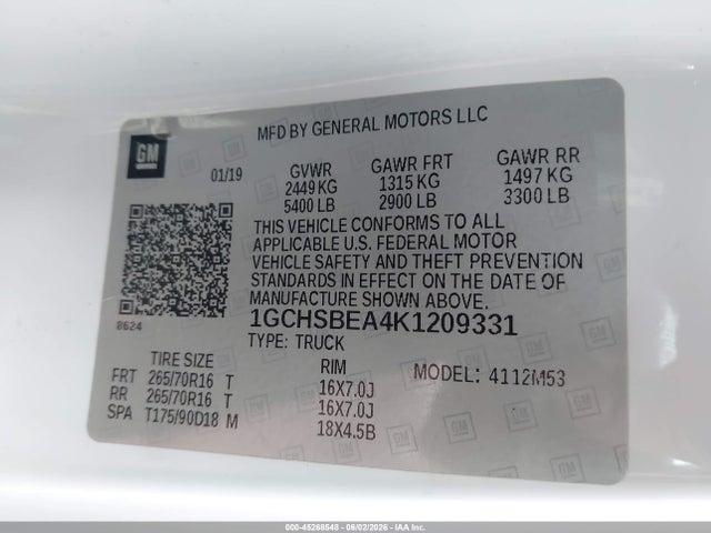 2019 Chevrolet Colorado Wt მანქანა იყიდება აუქციონზე, vin: 1GCHSBEA4K1209331, აუქციონის ნომერი: 45268548