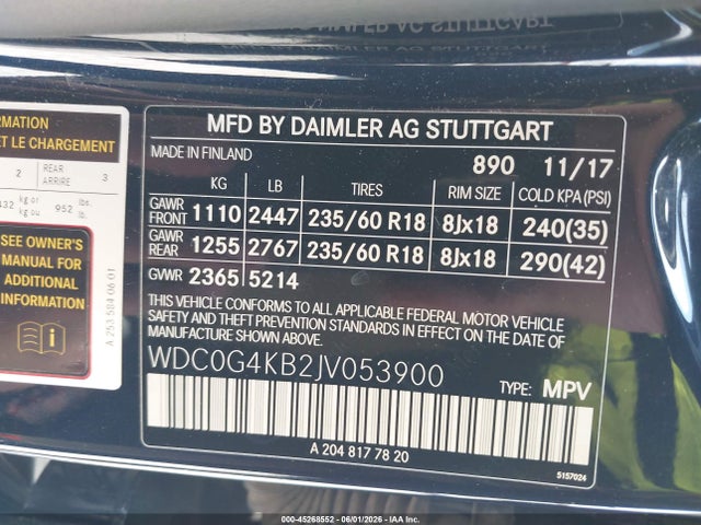 45268552 :رقم المزاد ، WDC0G4KB2JV053900 vin ، 2018 Mercedes-benz Glc 300 4matic مزاد بيع