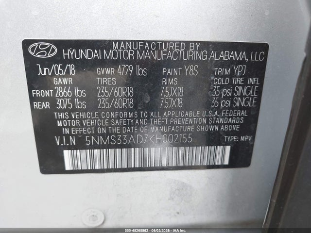 45268562 :رقم المزاد ، 5NMS33AD7KH002155 vin ، 2019 Hyundai Santa Fe Sel Plus مزاد بيع