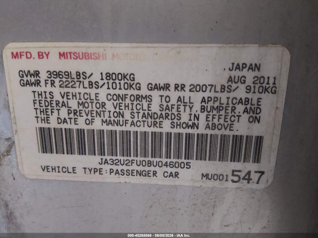 45268568 :رقم المزاد ، JA32U2FU0BU046005 vin ، 2011 Mitsubishi Lancer Es مزاد بيع