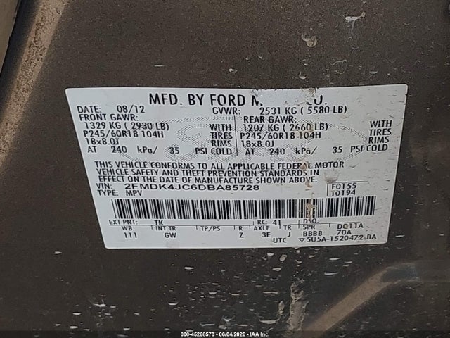 2013 Ford Edge Sel მანქანა იყიდება აუქციონზე, vin: 2FMDK4JC6DBA85728, აუქციონის ნომერი: 45268570