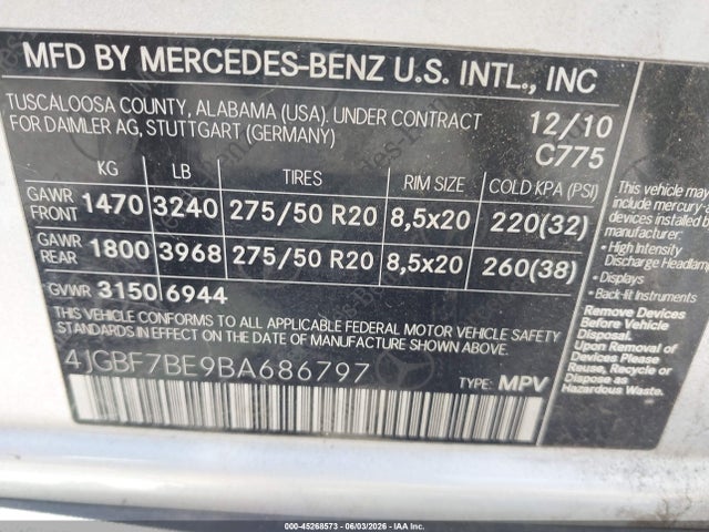 45268573 :رقم المزاد ، 4JGBF7BE9BA686797 vin ، 2011 Mercedes-benz Gl 450 4matic مزاد بيع