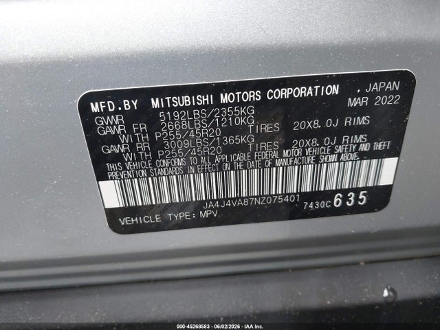 45268583 :رقم المزاد ، JA4j4VA87NZ075401 vin ، 2022 Mitsubishi Outlander Sel 2.5 S-awc مزاد بيع