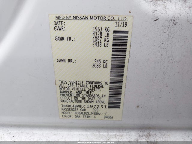 45268586 :رقم المزاد ، 1N4BL4BV8LC197251 vin ، 2020 Nissan Altima S Fwd مزاد بيع