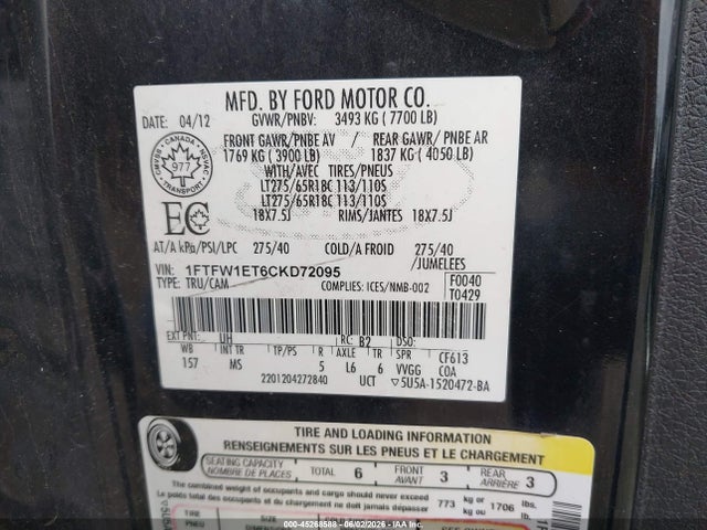 Aukcja sprzedaży 2012 Ford F-150 Xlt, vin: 1FTFW1ET6CKD72095, numer aukcji: 45268588