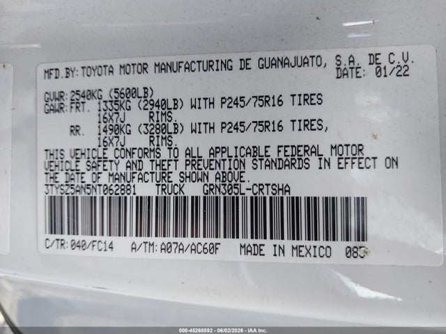 2022 Toyota Tacoma Sr5 V6 მანქანა იყიდება აუქციონზე, vin: 3TYSZ5AN5NT062881, აუქციონის ნომერი: 45268592